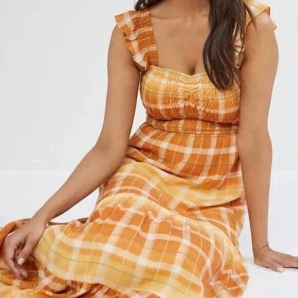 Anthropologie Maxi Dress – Orange Plaid, Tiered, Smocked Bodice, Ruffle Straps - Picture 2 of 8